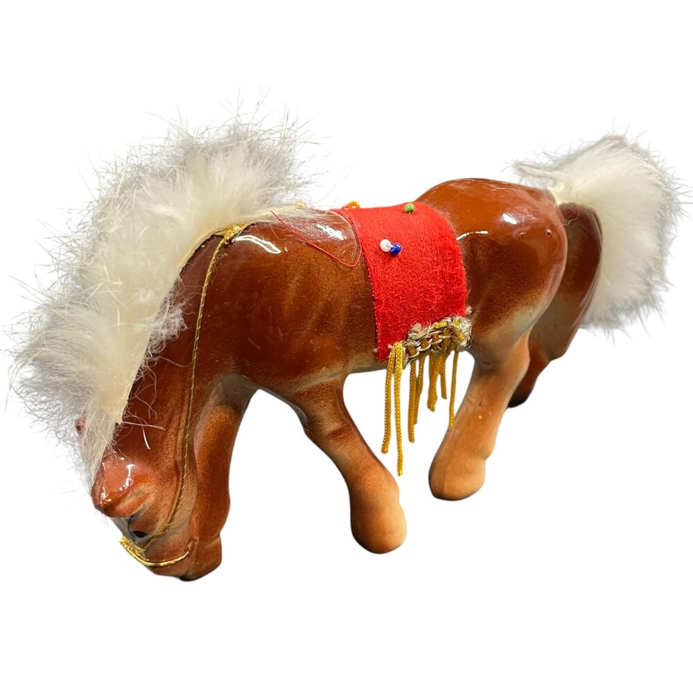 Vintage Fairway Japan Ceramic Horse Figurine w/ Fuzzy Mane & Tail Pony